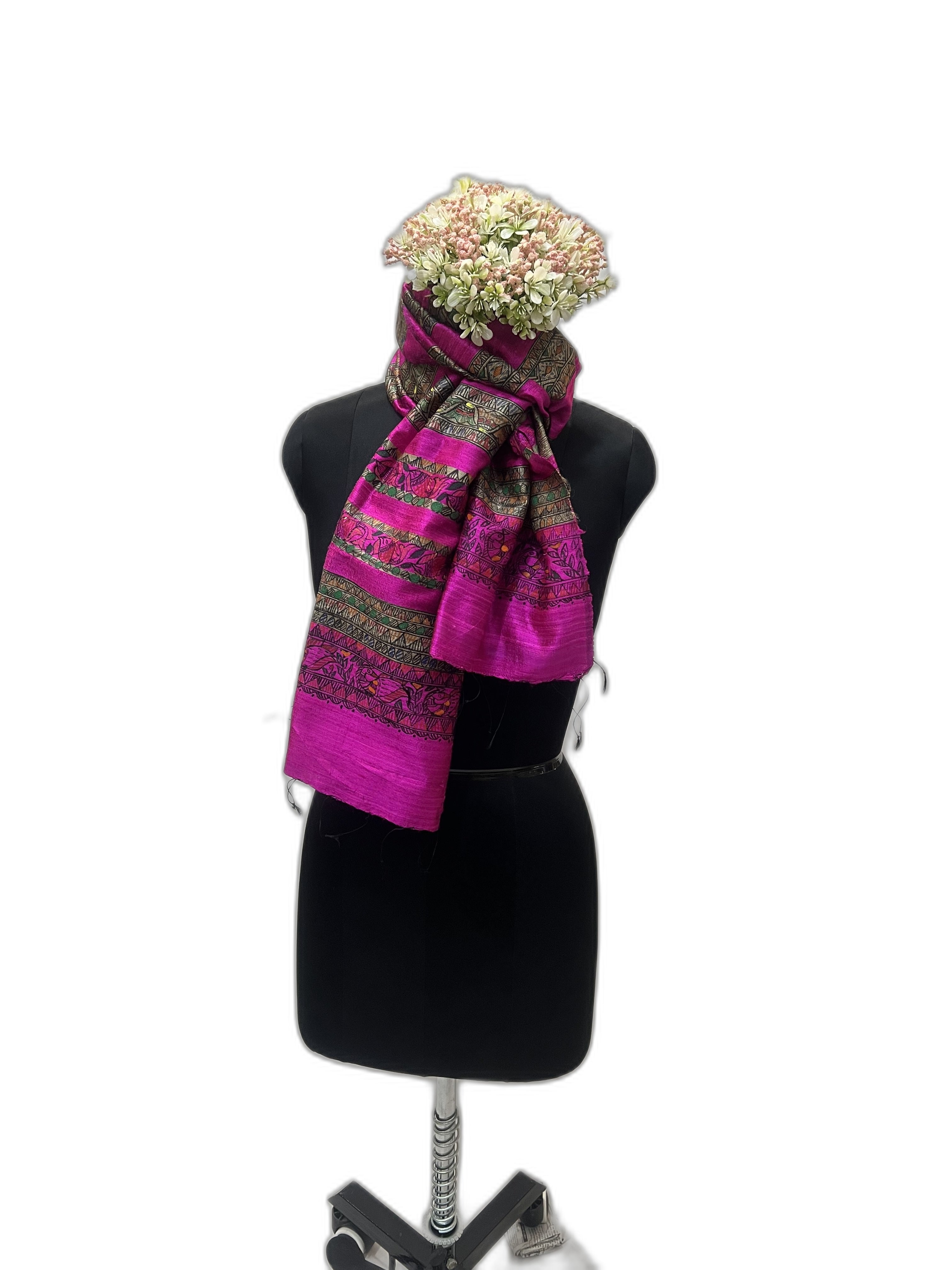 Madhubani Dupion Silk Stole in Hot Pink with Ghicha Stripes